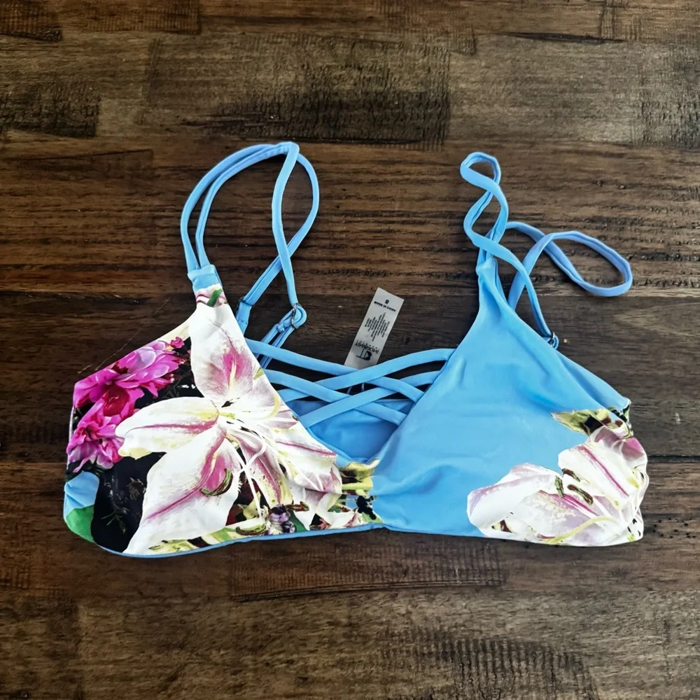 EUC TiniBikini Blue Floral Lace-Up‎ Bikini Top Size Small